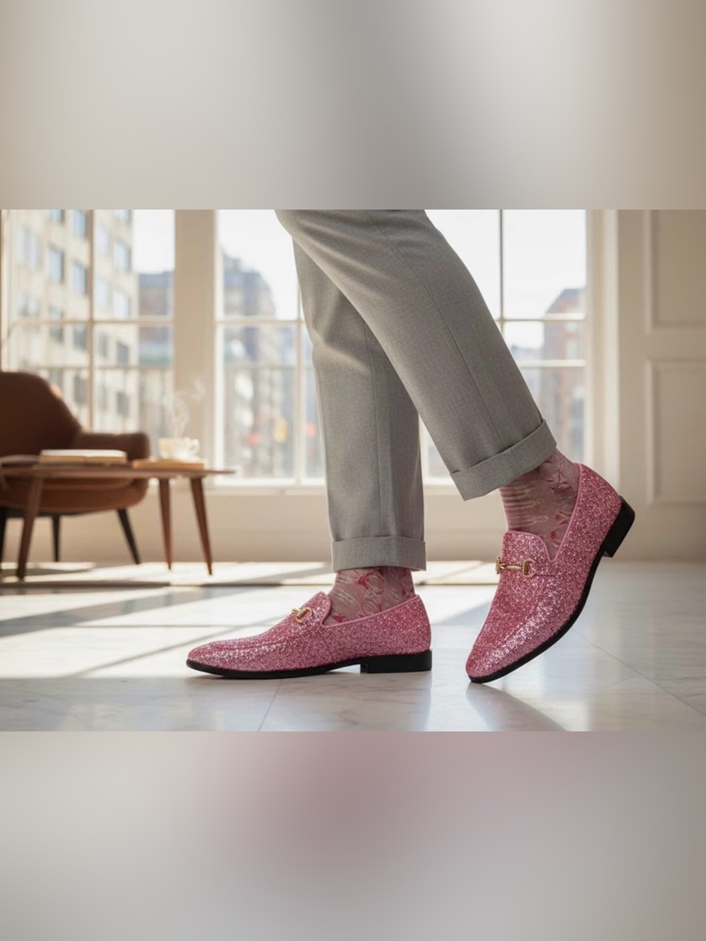 Men's Pink Glitter Slip-On Loafers with Gold Bit Accent